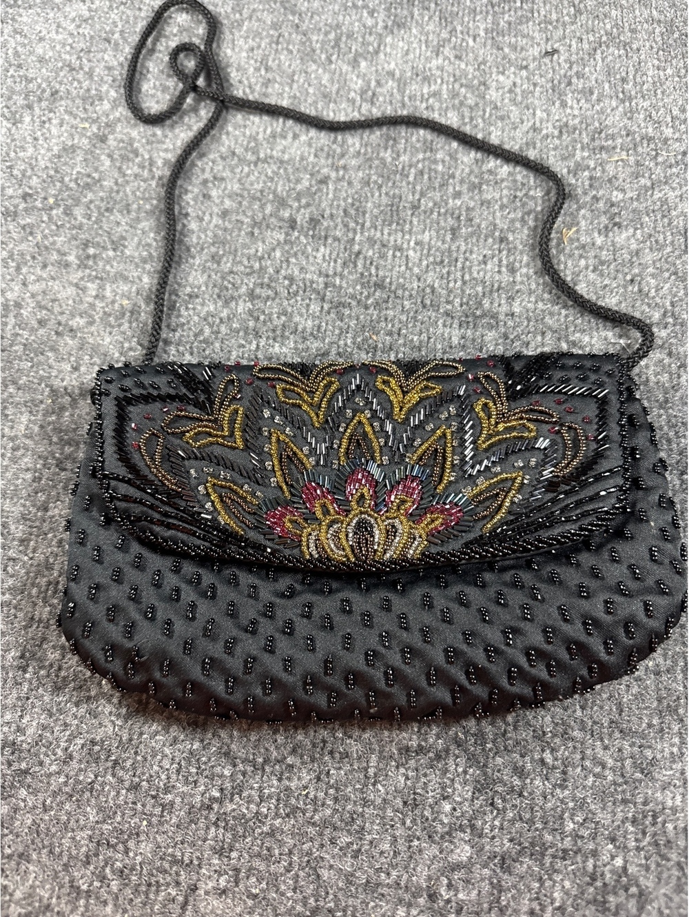 Black Beaded Embroidered Evening Bag Floral Shoulder Purse